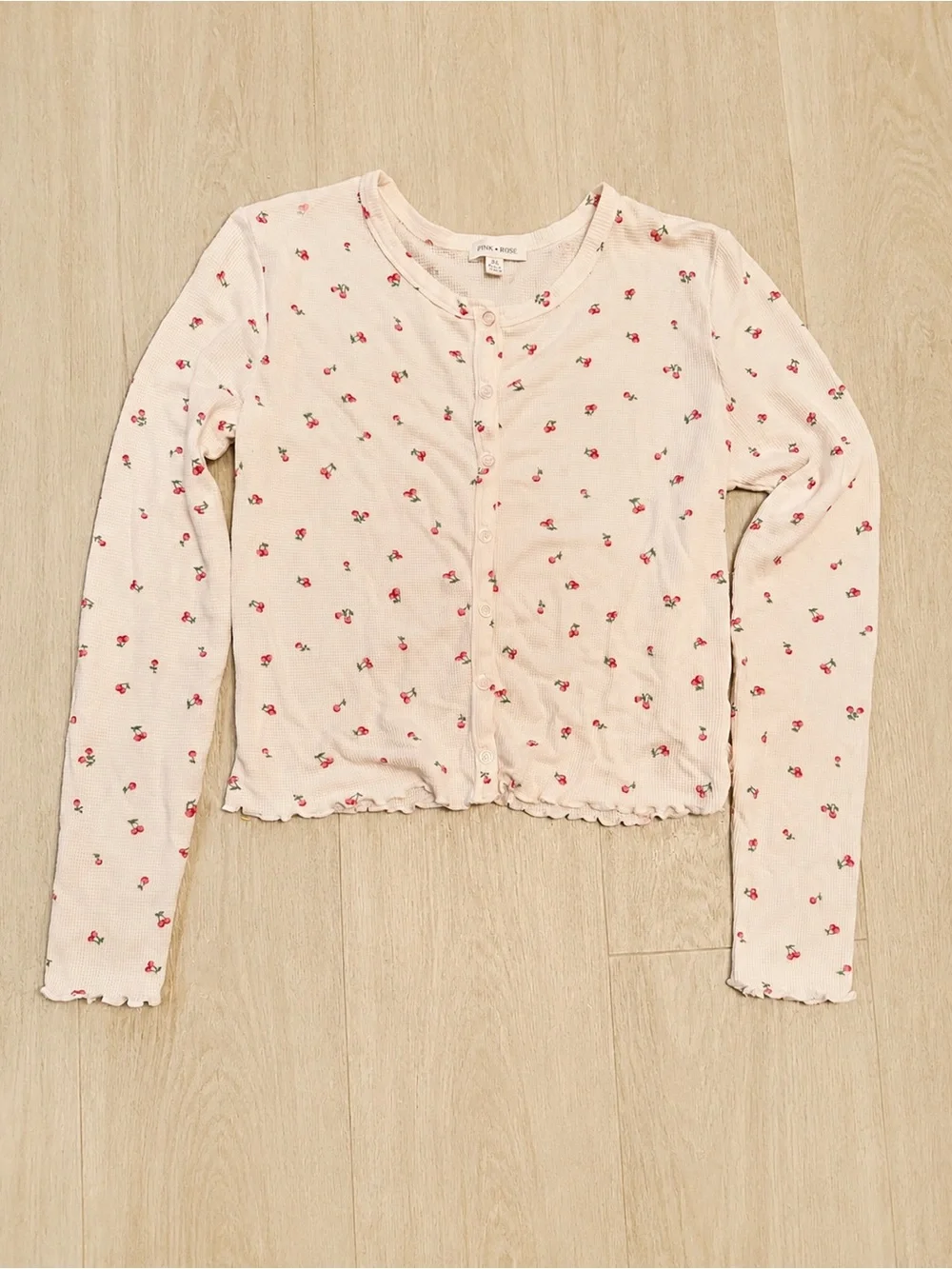 Pink Rose XL Cherry Print Modal Waffle Knit Pajama Set Coquette Y2K